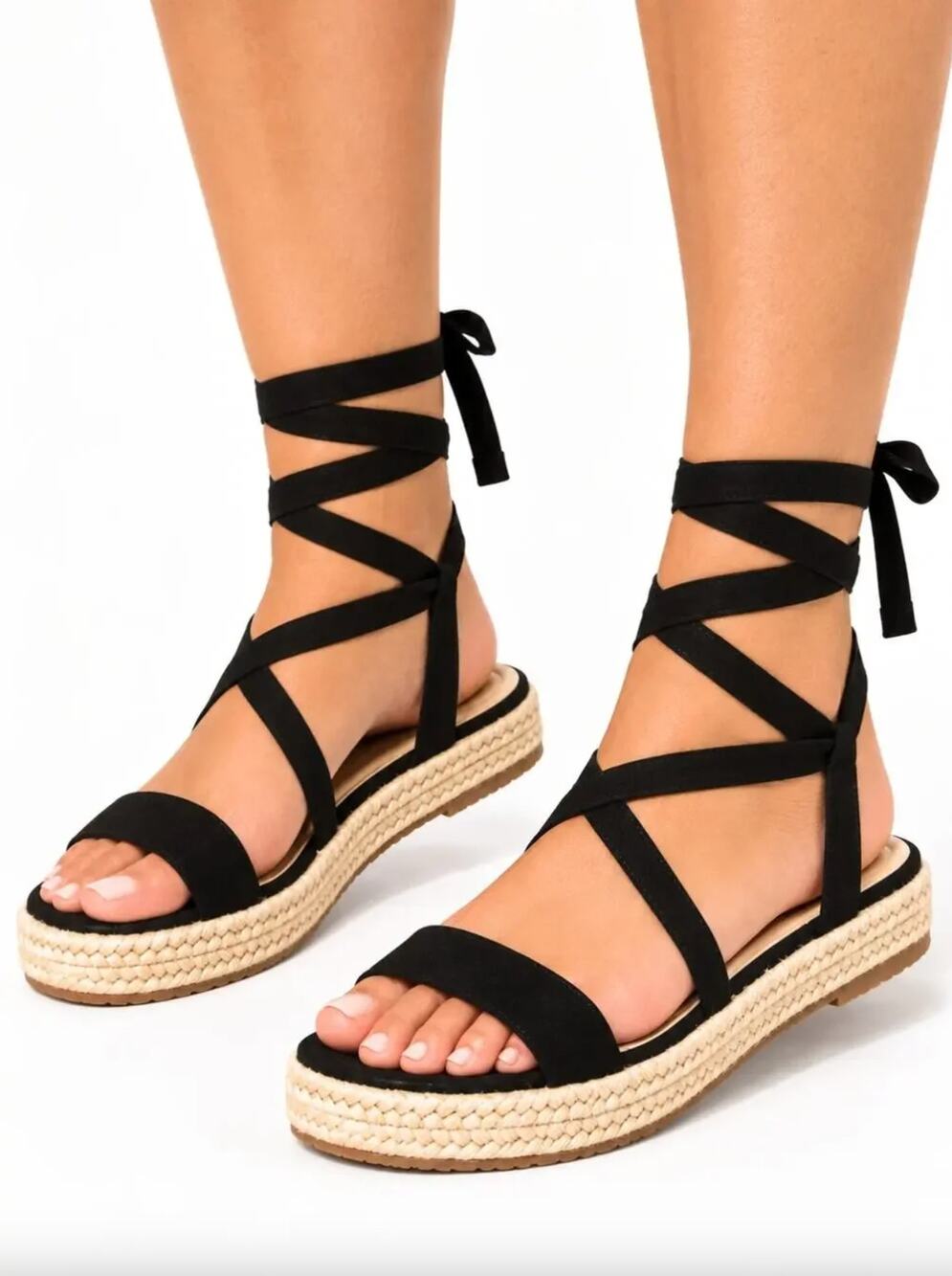 PrettyLittleThing Black Faux Suede Lace Up Espadrille Platform Sandals Size 6